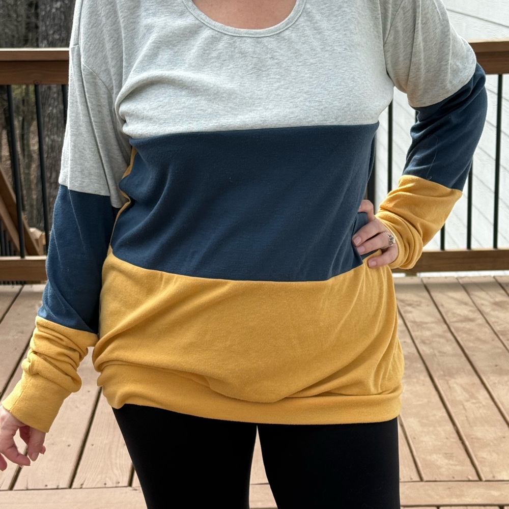 Colorblock Long Sleeve Women's Top - Mustard, Navy & Light Gray